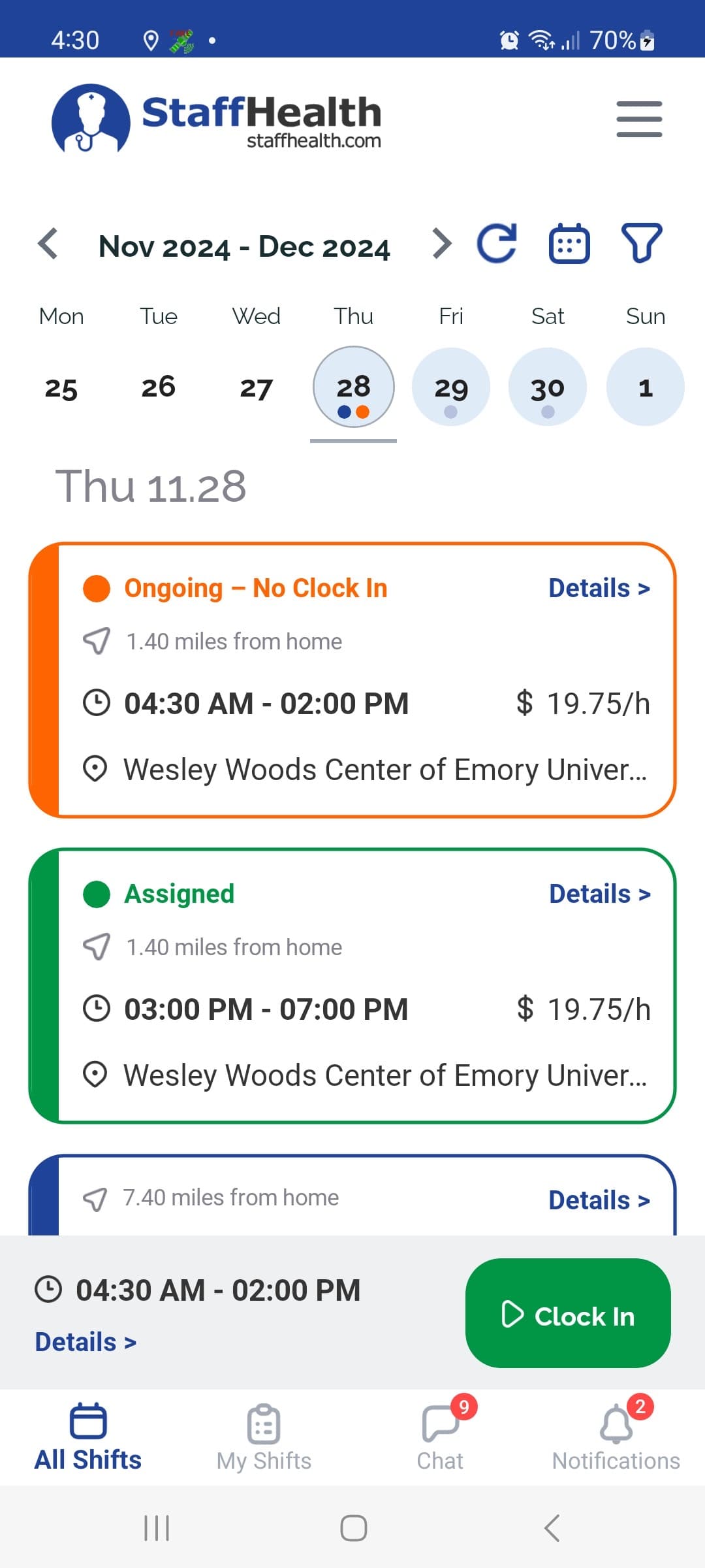The StaffHealth clinician app on a phone, listing shifts with their times, hourly rate, distance from home and facility.