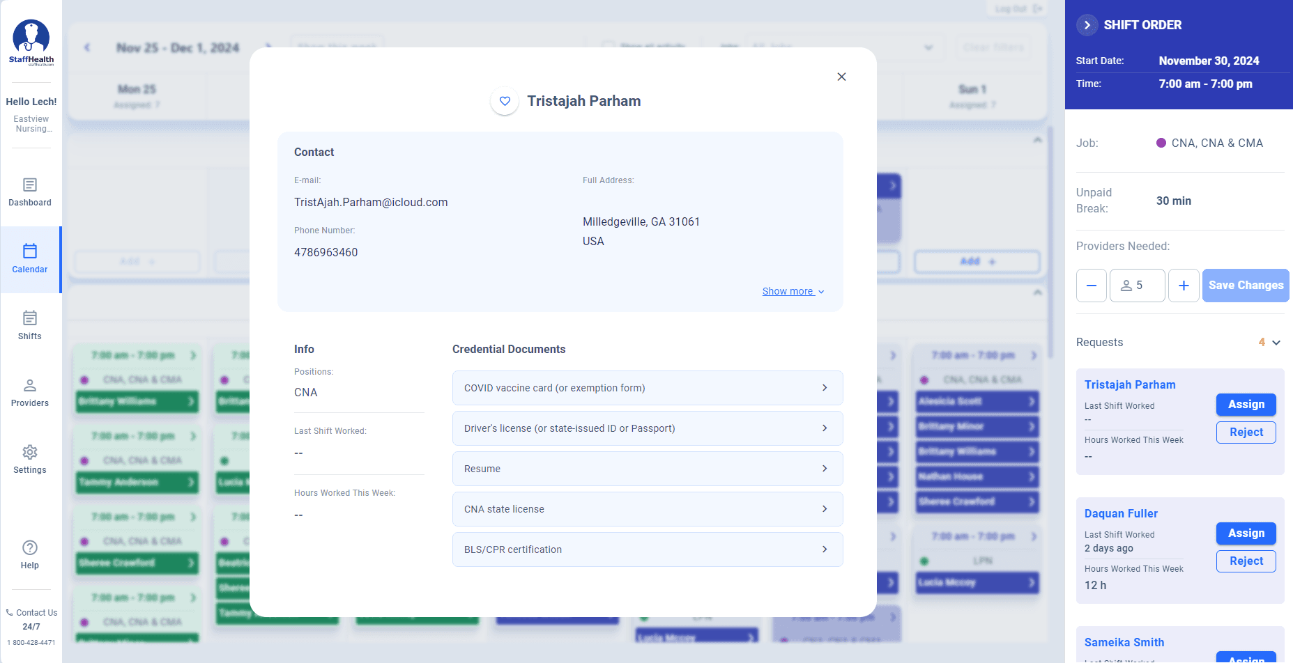 Provider detail with credential documents alongside the shift order.