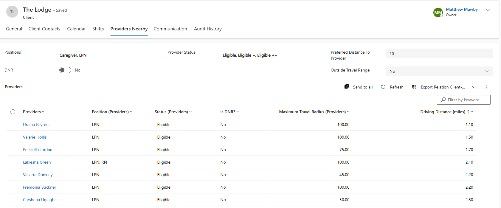 Provider list showing role, last shift worked and distance from the facility.