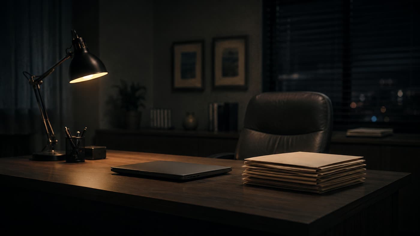An administrator's desk at night, lit by a single lamp, with a closed laptop beside a stack of unopened invoices.